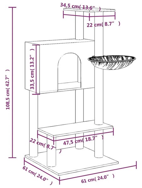 Penjalica za mačke - Kuća za mačke - Grebalica sa stupovima za grebanje krem 108 5 cm - Krema Krema