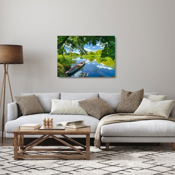 Staklena slika ljetne rijeke s brodicom (70x50 cm)