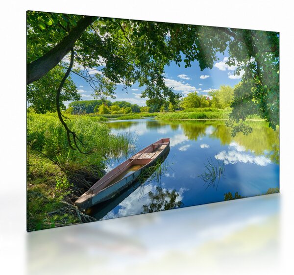 Staklena slika ljetne rijeke s brodicom (70x50 cm)