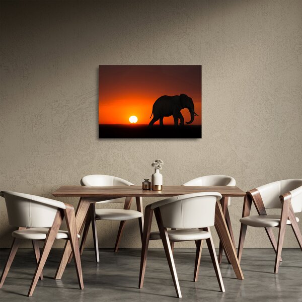 Staklena slika slona u zalasku sunca (70x50 cm)