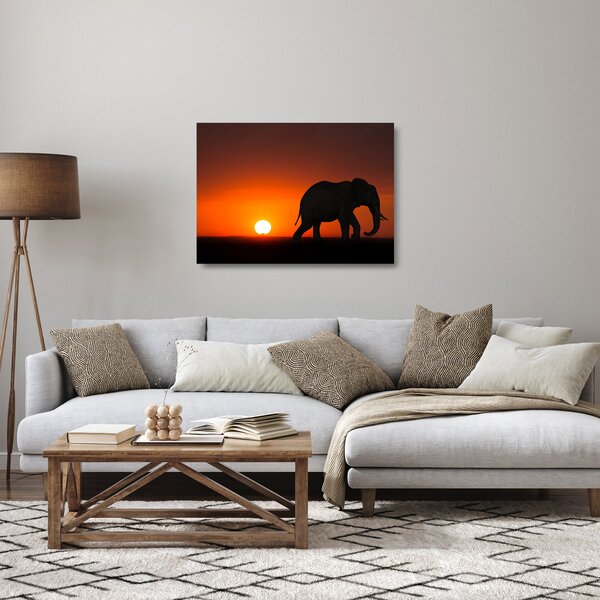 Staklena slika slona u zalasku sunca (70x50 cm)