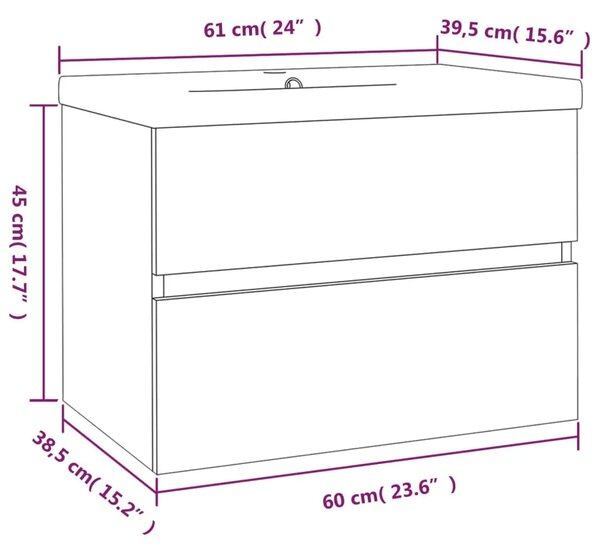 Ormarić s ugrađenim Lavabo - Umivaonikom boja dimljenog hrasta drveni - Dimljeni hrast 60 x 38.5 x 45 cm 1 bez slavine i odvoda