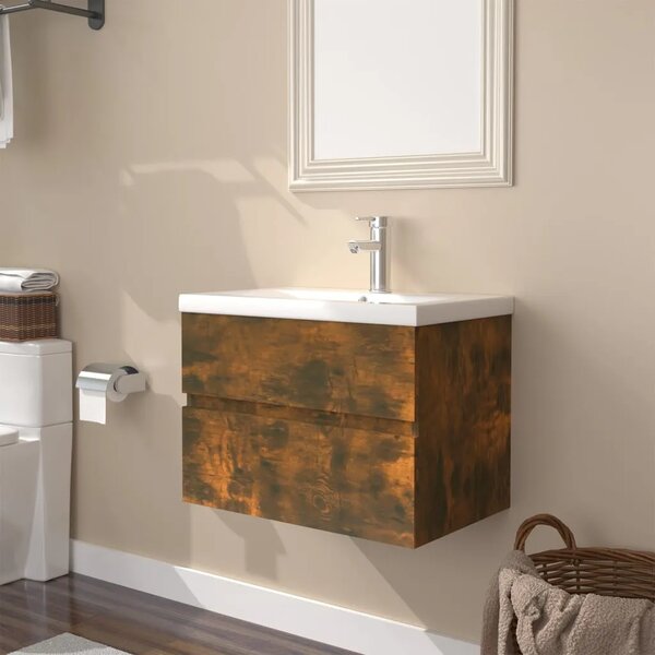 Ormarić s ugrađenim Lavabo - Umivaonikom boja dimljenog hrasta drveni - Dimljeni hrast 60 x 38.5 x 45 cm 1 bez slavine i odvoda