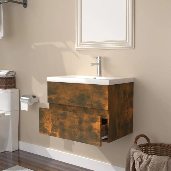 Ormarić s ugrađenim Lavabo - Umivaonikom boja dimljenog hrasta drveni - Dimljeni hrast 60 x 38.5 x 45 cm 1 bez slavine i odvoda