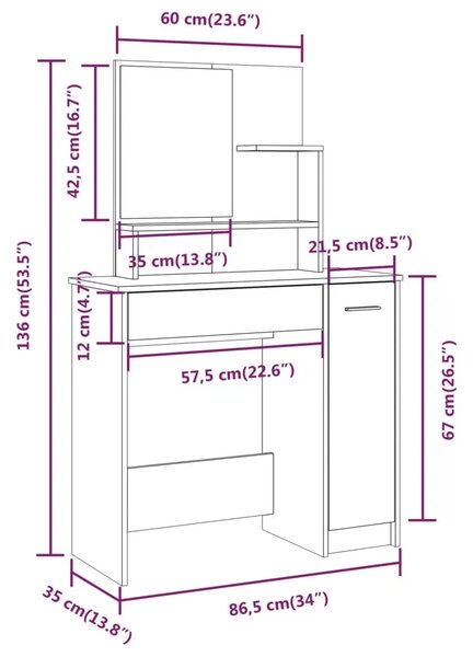 Toaletni stolić s ogledalom boja hrasta sonome 86 5x35x136 cm - Sivi hrast sonoma 1 Sivi hrast sonoma