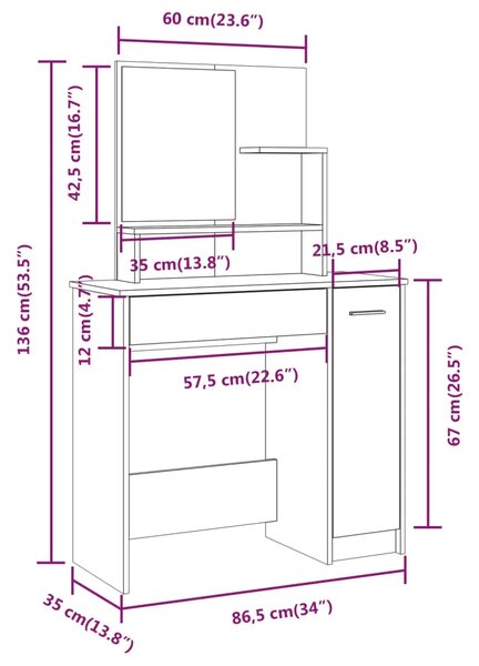 Toaletni stolić s ogledalom boja hrasta sonome 86 5x35x136 cm - sonoma hrast 1 Sonoma hrast