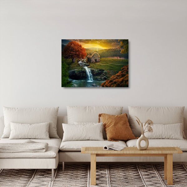 Staklena slika kućice u bajkovitom krajoliku (70x50 cm)