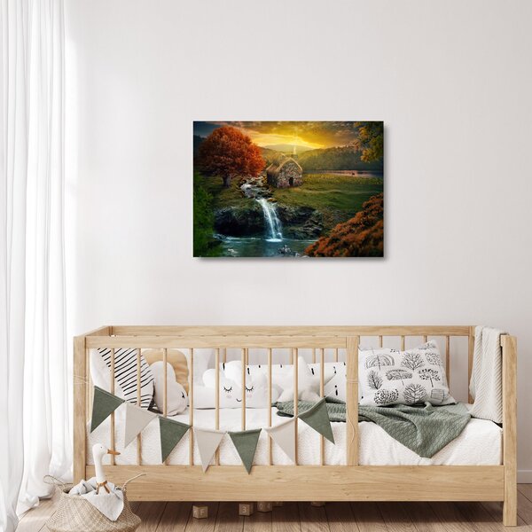 Staklena slika kućice u bajkovitom krajoliku (70x50 cm)