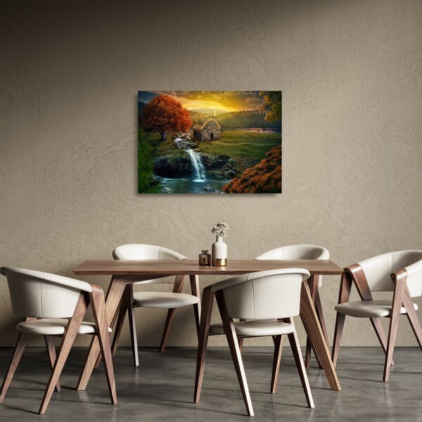 Staklena slika kućice u bajkovitom krajoliku (70x50 cm)