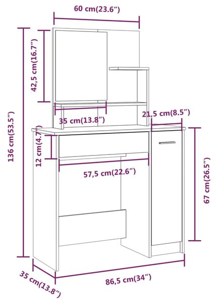Set toaletnog stolića boja hrasta sonome 86 5x35x136 cm - Sivi hrast sonoma 1 Sivi hrast sonoma