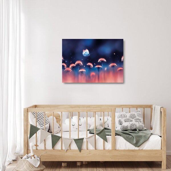 Staklena slika maslačaka s plavim leptirom (70x50 cm)