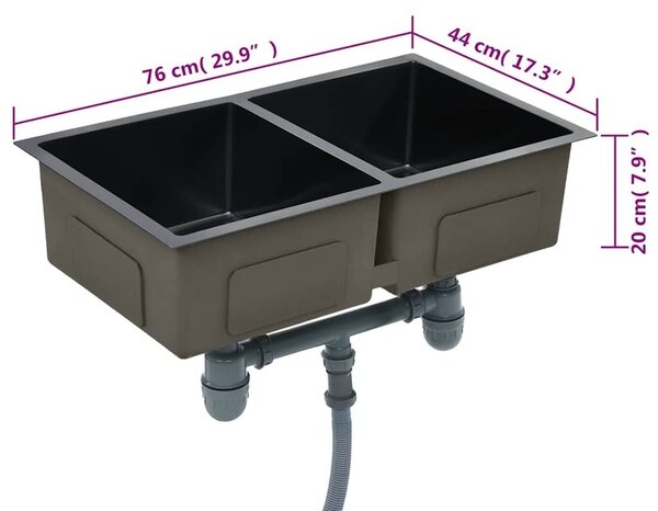 Ručno rađeni kuhinjski sudoper od nehrđajućeg čelika crni - Crna 76 x 44 x 20 cm (dva umivaonika) Crna 76 x 44 x 20 cm (dva umiv