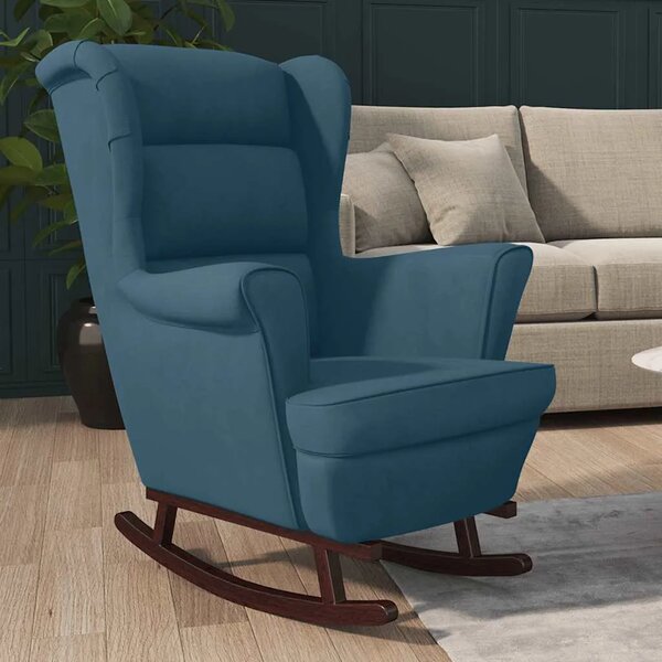 Ljuljačka stolica s naslonom od plavog baršuna i punog drva - Plava 1 Bez naslona za noge Plava