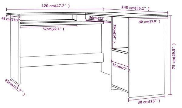 Kutni radni stol boja hrasta 120x140x75 cm konstruirano drvo - sonoma hrast Sonoma hrast