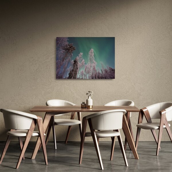Staklena slika polarne svjetlosti nad zaleđenim drvećem (70x50 cm)