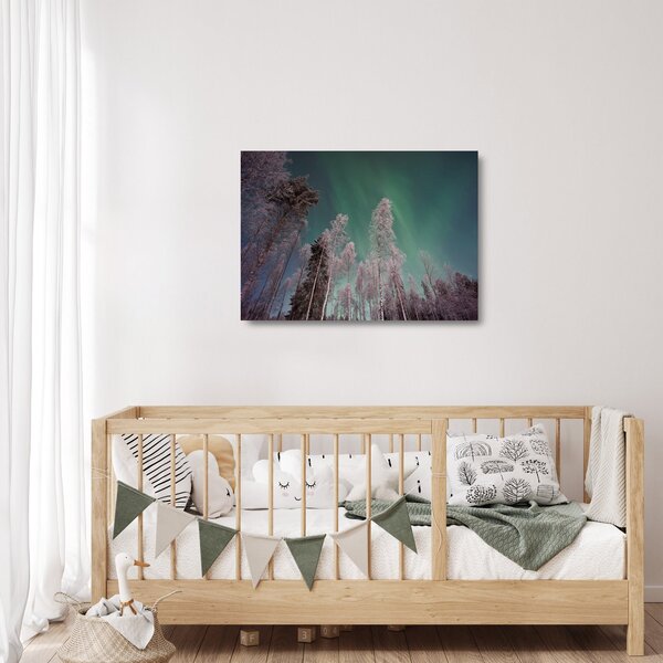 Staklena slika polarne svjetlosti nad zaleđenim drvećem (70x50 cm)