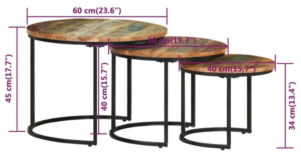 Uklapajući stolići 3 kom od masivnog obnovljenog drva - Ø 40 x 34 cm 3 masivno obnovljeno drvo Ø 40 x 34 cm