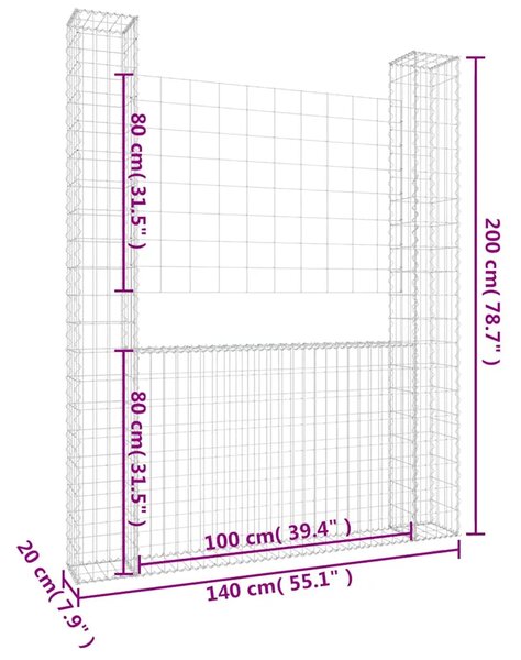 Gabion - Gabion ograde - Gabionska košara U-oblika s 2 stupa 140 x 20 x 200 cm željezna - 140 x 20 x 200 cm 1 140 x 20 x 200 cm