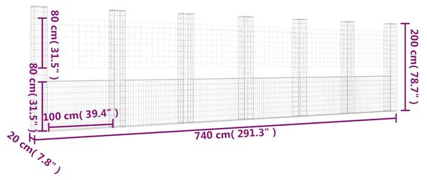 Gabion - Gabion ograde - Gabionska košara U-oblika sa 7 stupova 740x20x200 cm željezna - 740 x 20 x 200 cm 1 740 x 20 x 200 cm