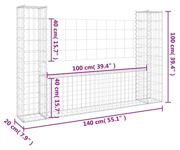 Gabion - Gabion ograde - Gabionska košara U-oblika s 2 stupa 140 x 20 x 100 cm željezna - 140 x 20 x 100 cm 1 140 x 20 x 100 cm