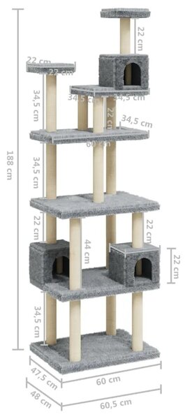 Penjalica za mačke - Kuća za mačke - Grebalica sa stupovima za grebanje svjetlosiva 188 cm - Svjetlosiva Svjetlosiva