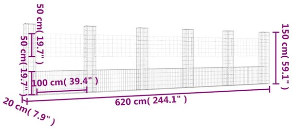 Gabion - Gabion ograde - Gabionska košara U-oblika sa 6 stupova 620x20x150 cm željezna - 620 x 20 x 150 cm 1 620 x 20 x 150 cm