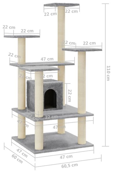Penjalica za mačke - Kuća za mačke - Grebalica sa stupovima za grebanje svjetlosiva 110 cm - Svjetlosiva Svjetlosiva