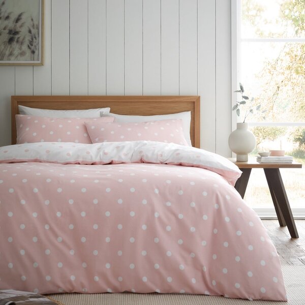Bijela/ružičasta flanelska posteljina za bračni krevet 200x200 cm Polka Dot – Catherine Lansfield