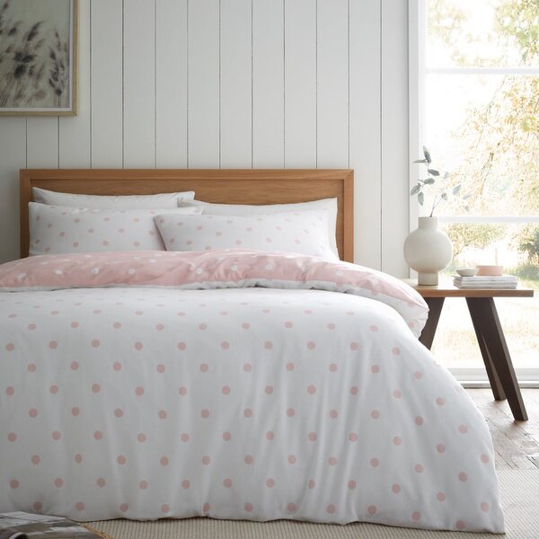 Bijela/ružičasta flanelska posteljina za bračni krevet 200x200 cm Polka Dot – Catherine Lansfield