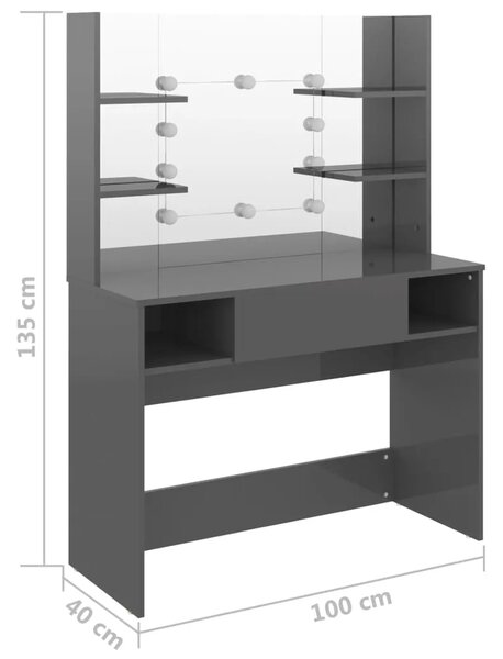 Stolić za šminkanje LED 100 x 40 x 135 cm MDF sjajni sivi - Sjajna siva 1 Sjajna siva