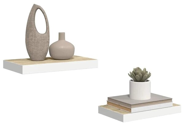 Plutajuće zidne police 2 kom hrast i bijele 50x23 5x3 8 cm MDF - Boja hrasta i bijela 50 x 23.5 x 3.8 cm 2 1