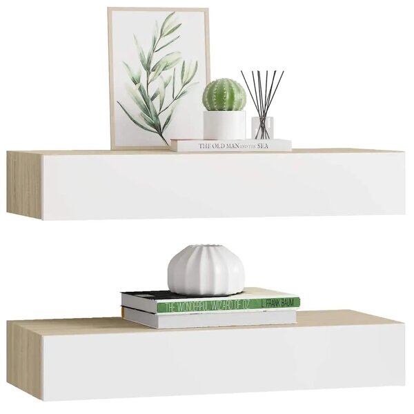 Zidne police s ladicama 2 kom. hrast i bijela 60x23 5x10 cm MDF - Boja hrasta i bijela 60 x 23.5 x 10 cm 2 1