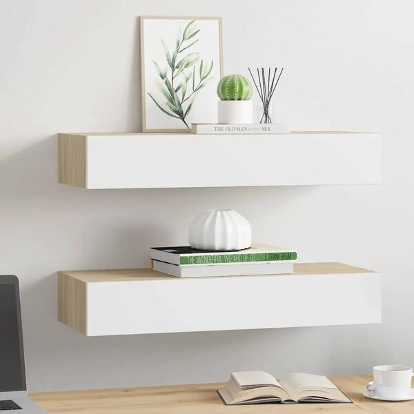 Zidne police s ladicama 2 kom. hrast i bijela 60x23 5x10 cm MDF - Boja hrasta i bijela 60 x 23.5 x 10 cm 2 1