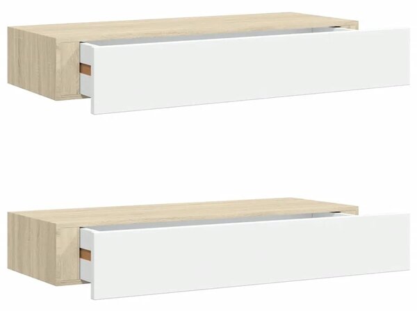 Zidne police s ladicama 2 kom. hrast i bijela 60x23 5x10 cm MDF - Boja hrasta i bijela 60 x 23.5 x 10 cm 2 1