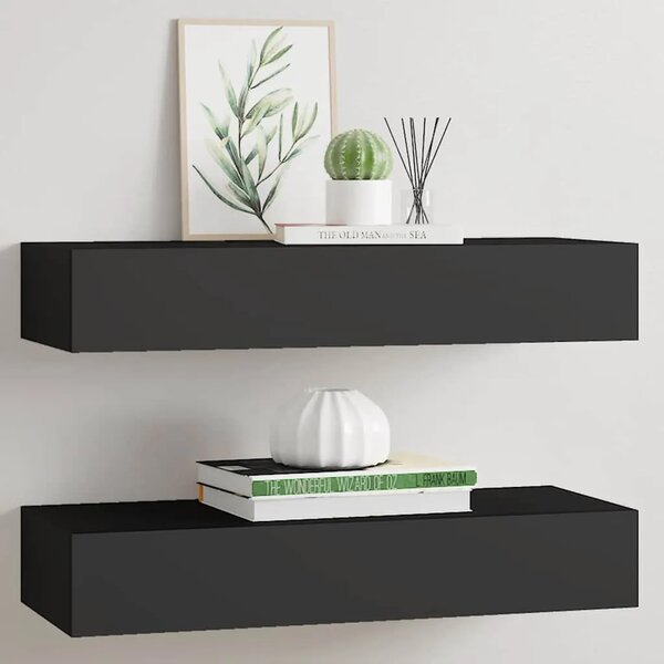 Zidne police s ladicom 2 kom crne 60 x 23 5 x 10 cm MDF - Crna 60 x 23.5 x 10 cm 2 1