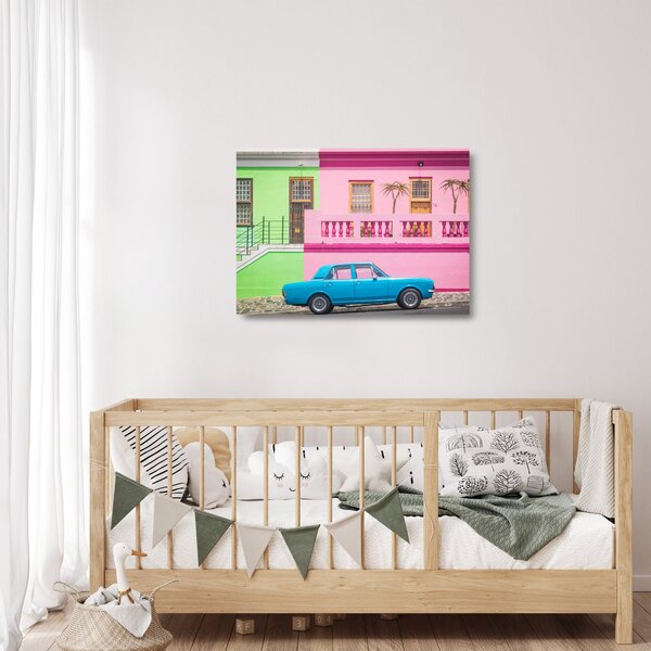 Staklena slika automobila - šarene kuće (70x50 cm)