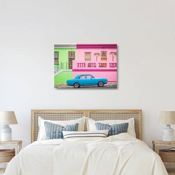 Staklena slika automobila - šarene kuće (70x50 cm)