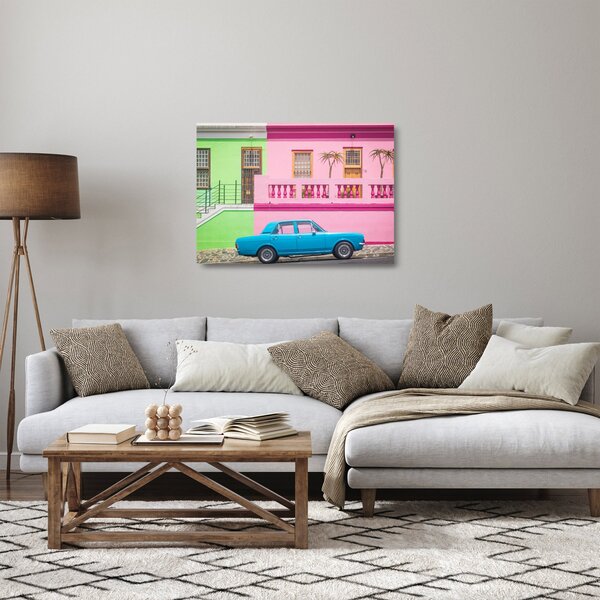 Staklena slika automobila - šarene kuće (70x50 cm)