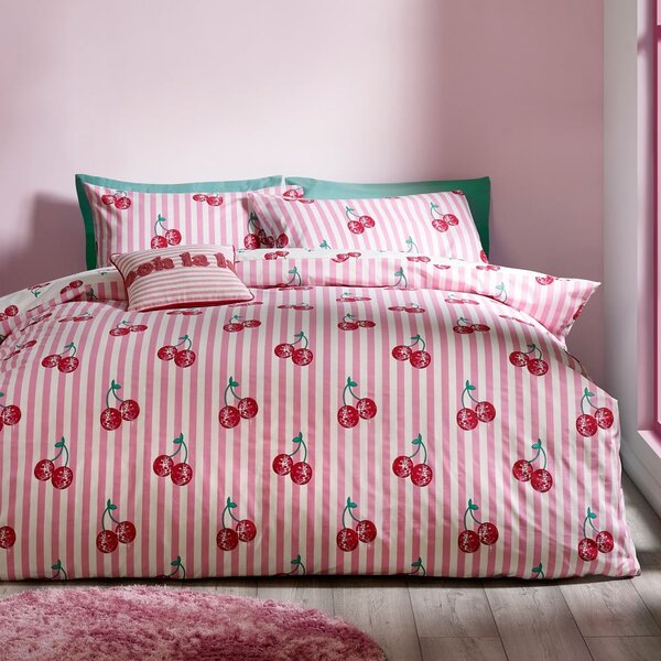 Bijela/ružičasta posteljina za bračni krevet 200x200 cm Disco Cherries Stripes – Catherine Lansfield