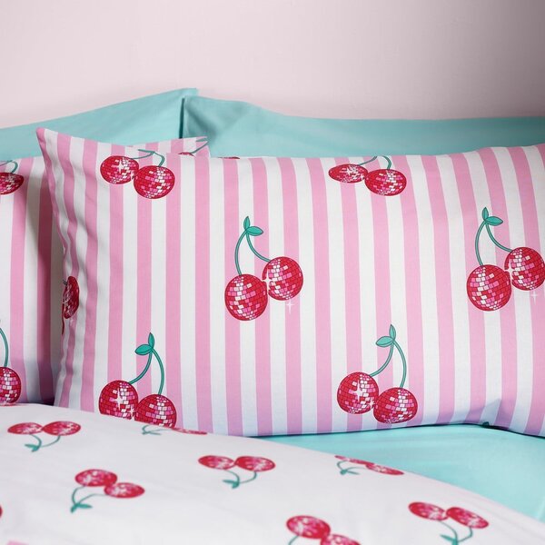 Bijela/ružičasta posteljina za bračni krevet 200x200 cm Disco Cherries Stripes – Catherine Lansfield
