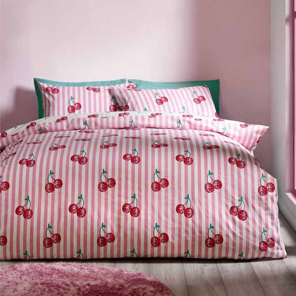 Bijela/ružičasta posteljina za bračni krevet 200x200 cm Disco Cherries Stripes – Catherine Lansfield