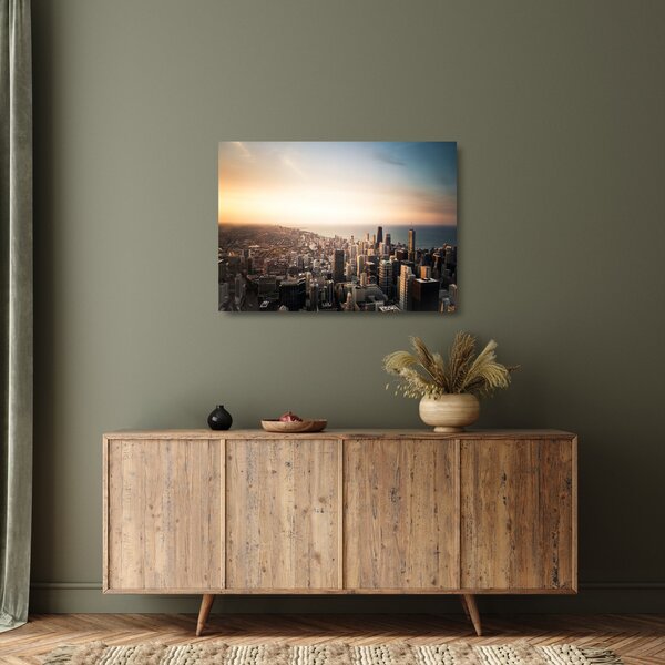 Staklena slika zalaska sunca nad gradom (70x50 cm)