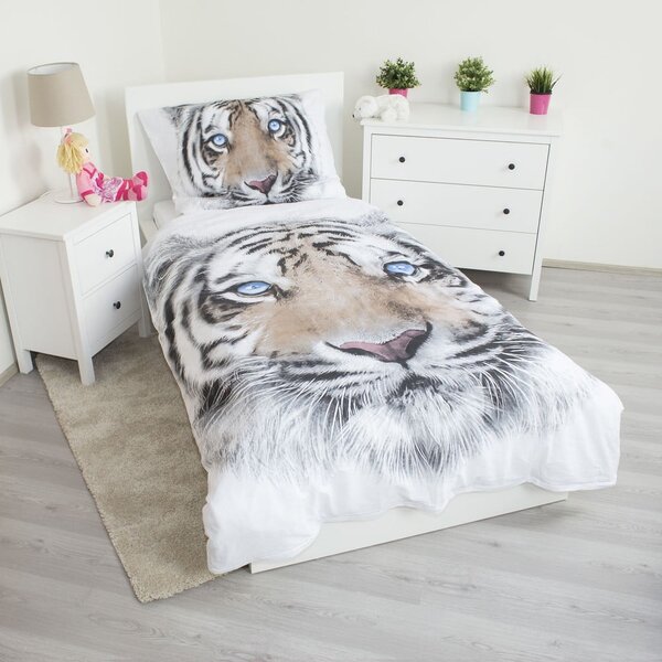 Bijela/siva pamučna dječja posteljina za krevet za jednu osobu 140x200 cm White Tiger – Jerry Fabrics