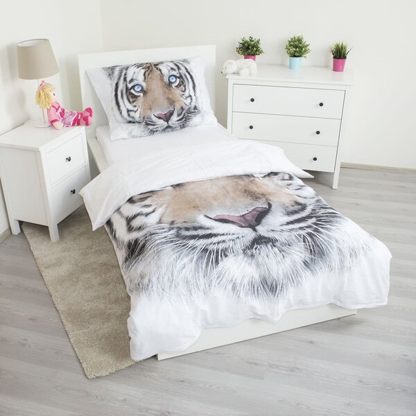 Bijela/siva pamučna dječja posteljina za krevet za jednu osobu 140x200 cm White Tiger – Jerry Fabrics