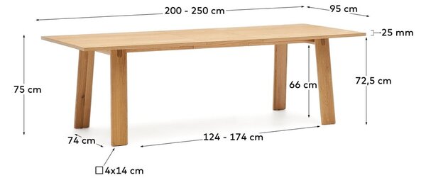 Proširiv blagovaonski stol s dodatnom pločom s pločom stola u dekoru hrasta 95x200 cm Arlen – Kave Home