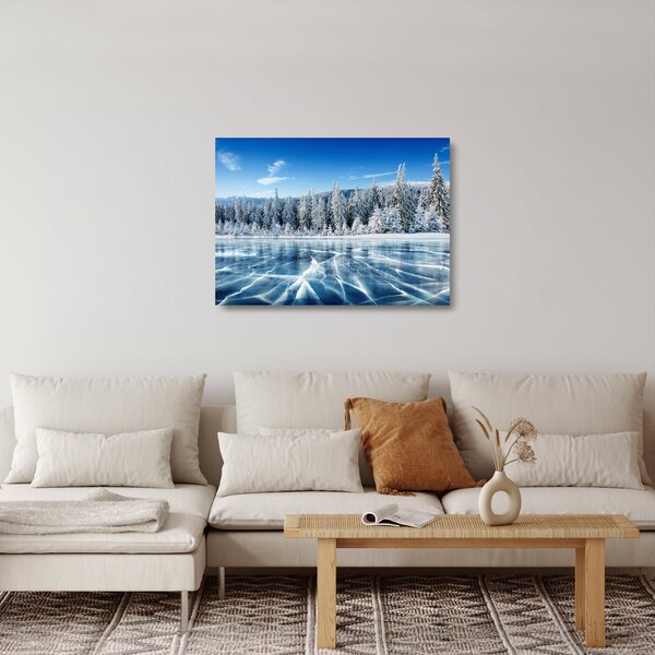 Staklena slika zaleđenog jezera i sniježnih stabala (70x50 cm)