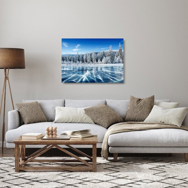 Staklena slika zaleđenog jezera i sniježnih stabala (70x50 cm)