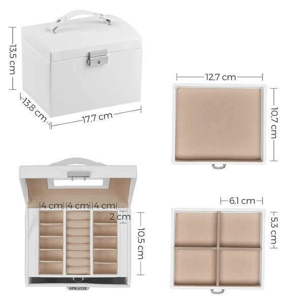 Troslojna kutija za nakit na zaključavanje s 2 ladice, bijela