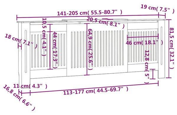 Maska za radijator - Pokrov za radijator konstruirano drvo bijeli 205 cm - Bijela 205 x 20.5 x 81.5 cm 1 Bijela