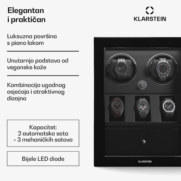 Klarstein ChronoVault navijač satova, 2+3 sata, veganski materijal, visoki sjaj, 4 režima, Mabuchi motor, LED, utičnica